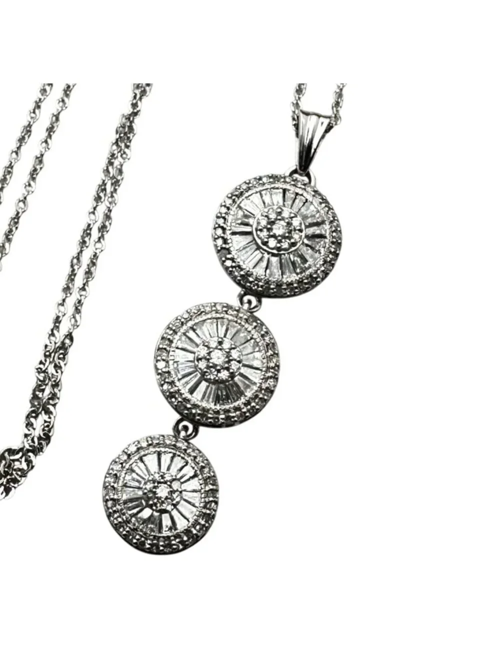 Outrageous 14K White Gold Triple Baguette Round Diamond Cluster Pendant Necklace